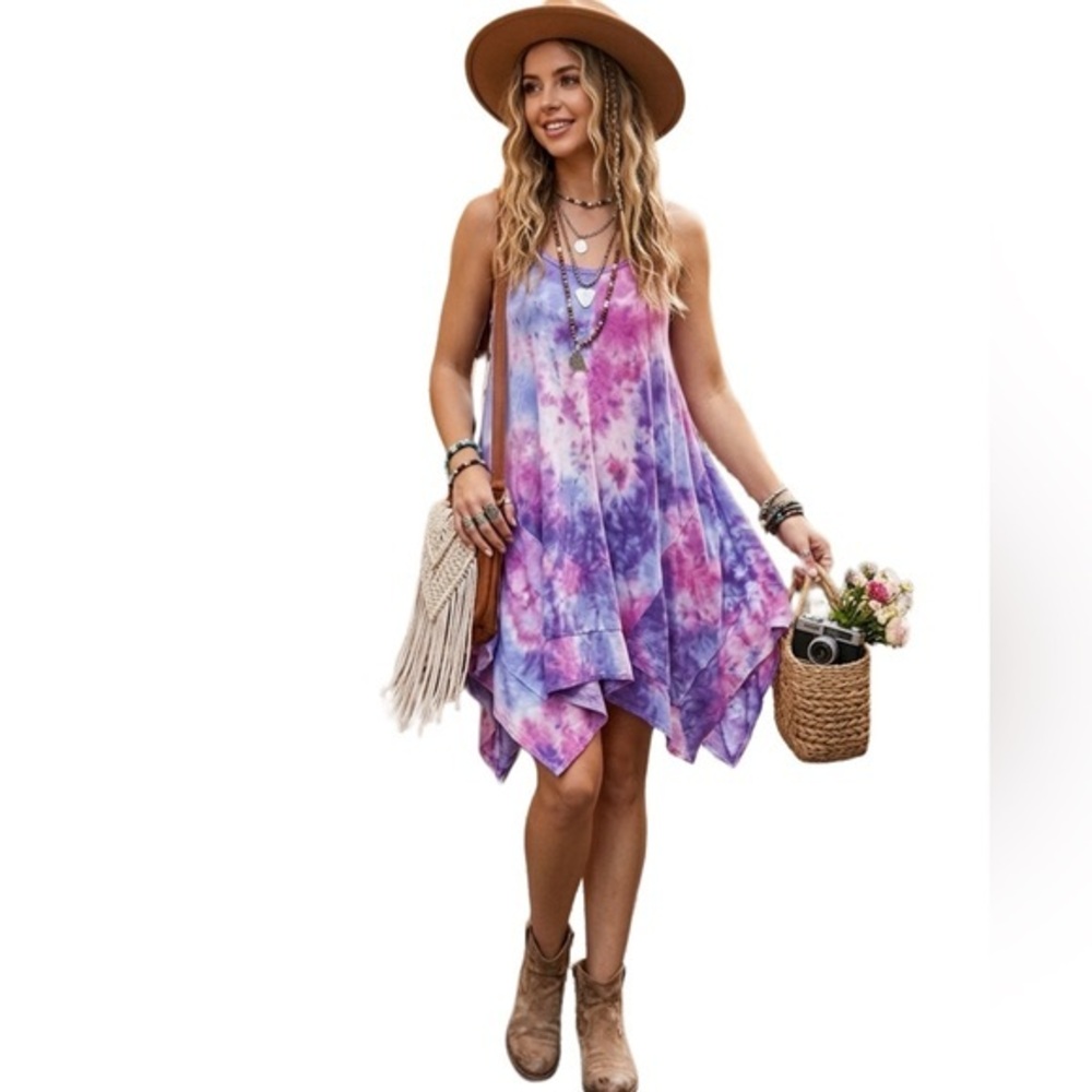 Fuschia Mix Tie Dye Spaghetti Strap Knit Tunic Top Casual Summer Vacation Spring